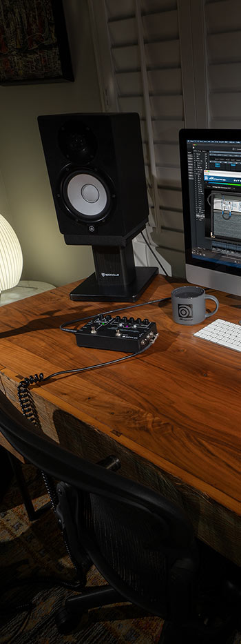 a speaker on a desk